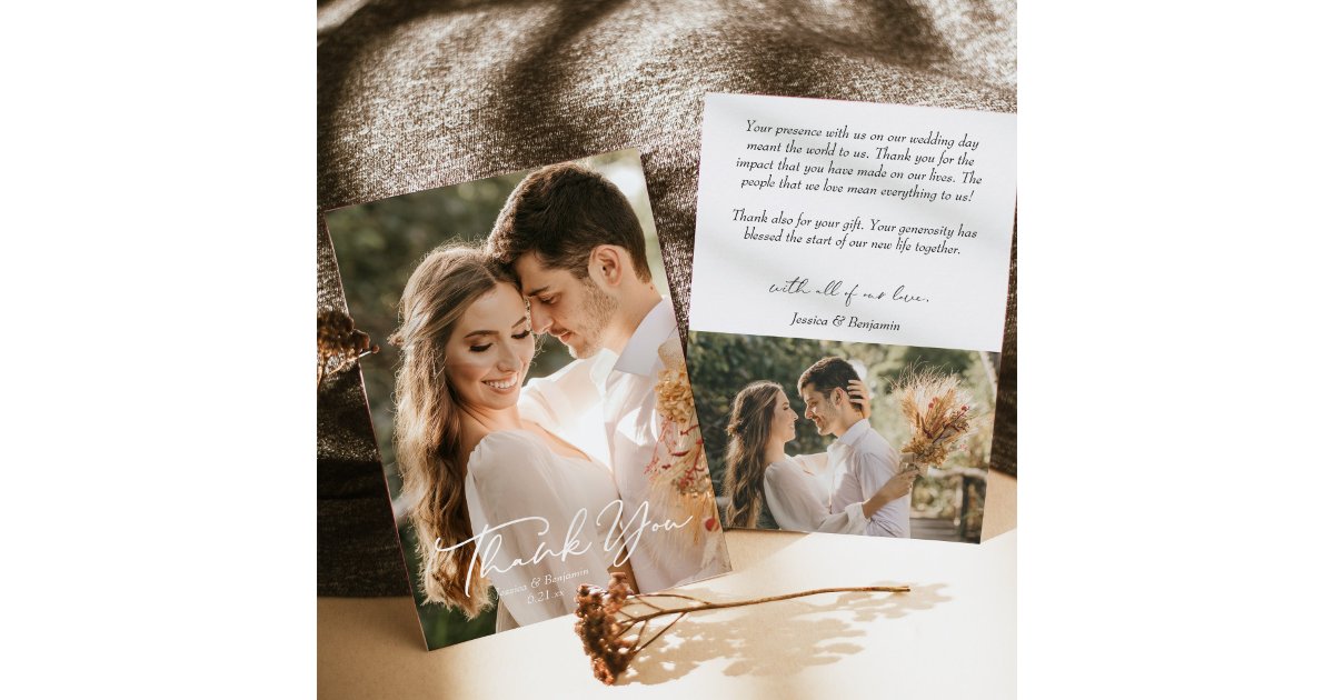 Simple Modern Minimalist Script with Photo Wedding Thank You Card | Zazzle