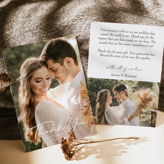 Simple Modern Minimalist Script with Photo Wedding Thank You Card | Zazzle