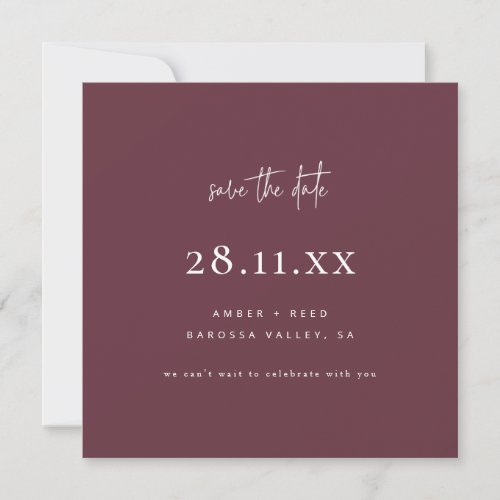 Simple Modern Minimalist Square Burgundy Script Save The Date