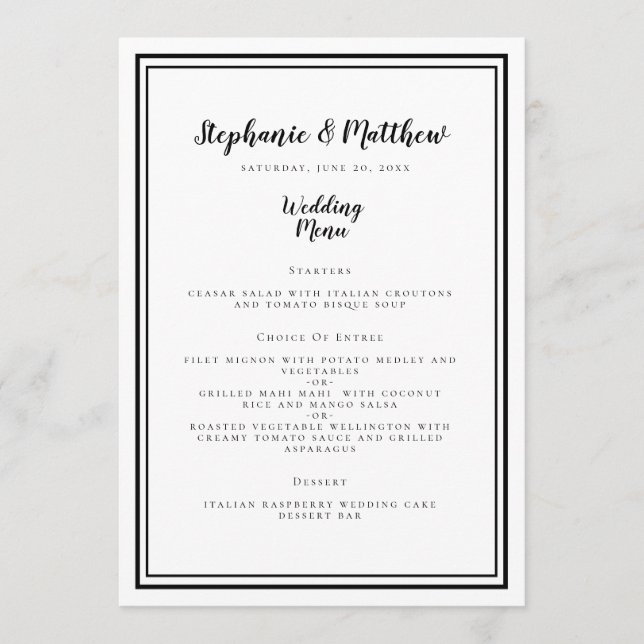 Simple Modern Minimalist Wedding Black & White  Menu (Front)