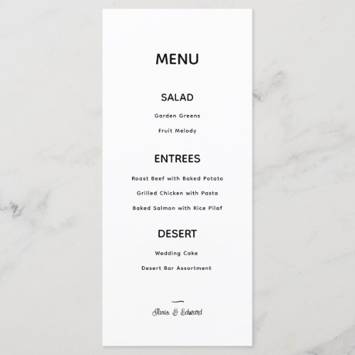 Simple Modern Minimalist Wedding Menu Card