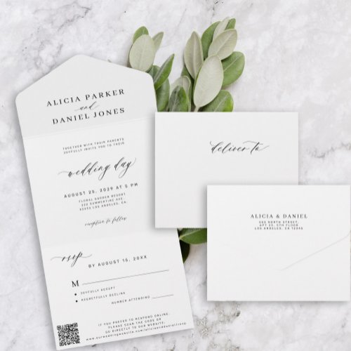 Simple modern minimalist wedding RSVP QR code All In One Invitation