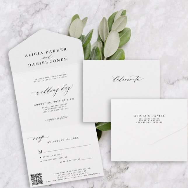 Simple modern minimalist wedding RSVP QR code All In One Invitation (Creator Uploaded)