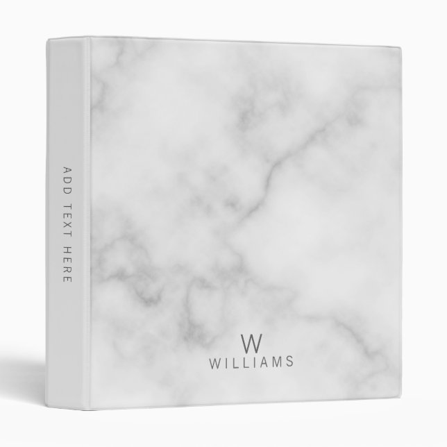 Simple Modern Minimalist White Marble Monogram 3 Ring Binder (Front/Spine)