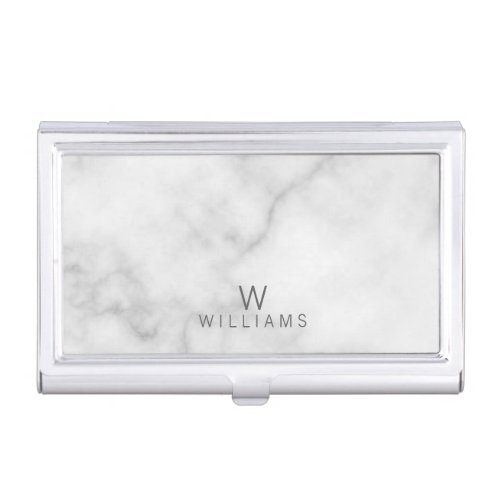 Simple Modern Minimalist White Marble Monogram Case For Business Cards