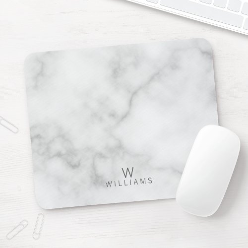 Simple Modern Minimalist White Marble Monogram Mouse Pad