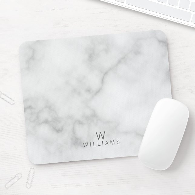 Simple Modern Minimalist White Marble Monogram Mouse Pad (Creator Uploaded)