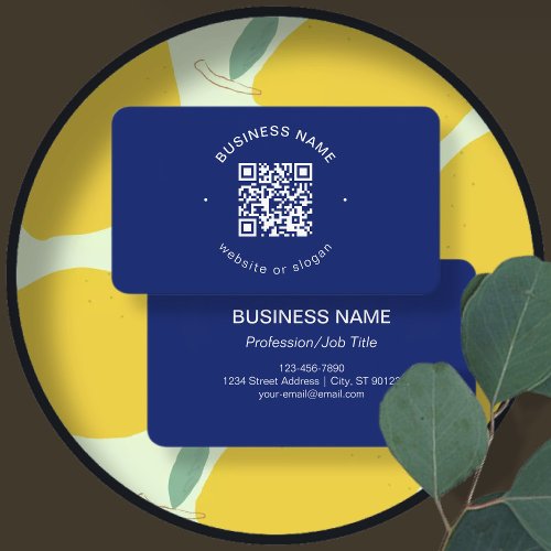 Simple modern minimalistic QR code  Navy blue Business Card