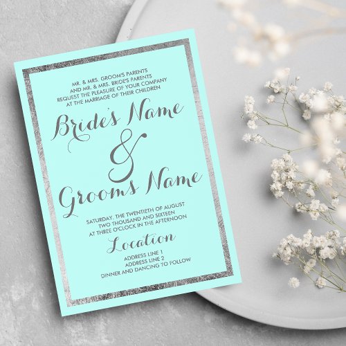 Simple Modern Mint Teal Silver Border Wedding Invitation