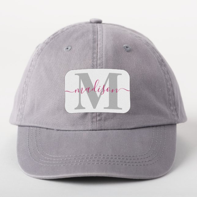 Simple Modern Monogram and Name Girly Pink Gray Patch (On Headwear)