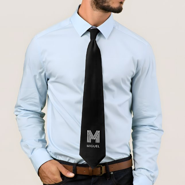 Simple Modern Monogram Black and White Neck Tie (Creator Uploaded)