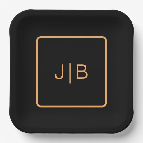 Simple modern monogram black orange  custom paper plates