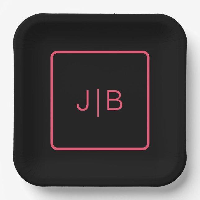 Simple modern monogram black, pink custom paper plates (Front)