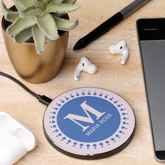 Simple Modern Monogram Blue Pink Stylish Chic Wireless Charger (Desk 2)