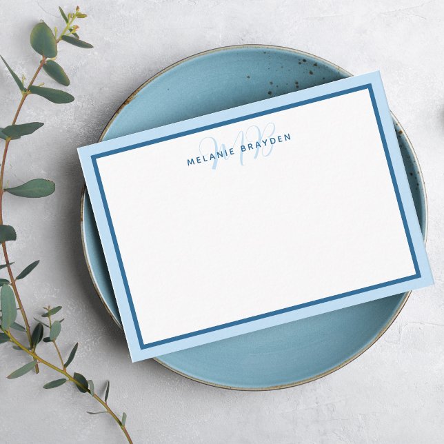 Simple Modern Monogram Blue Two Tone Border  Note Card (Creator Uploaded)
