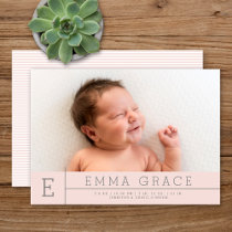 Simple Modern Monogram Blush Pink Girl Photo Birth Announcement