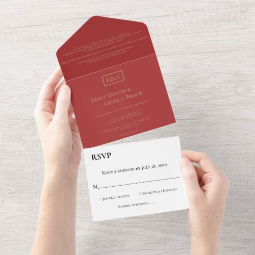 Simple Modern Monogram Burgundy Formal Wedding All In One Invitation