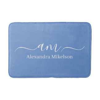 Simple Modern Monogram cornflower blue Minimalist Bath Mat