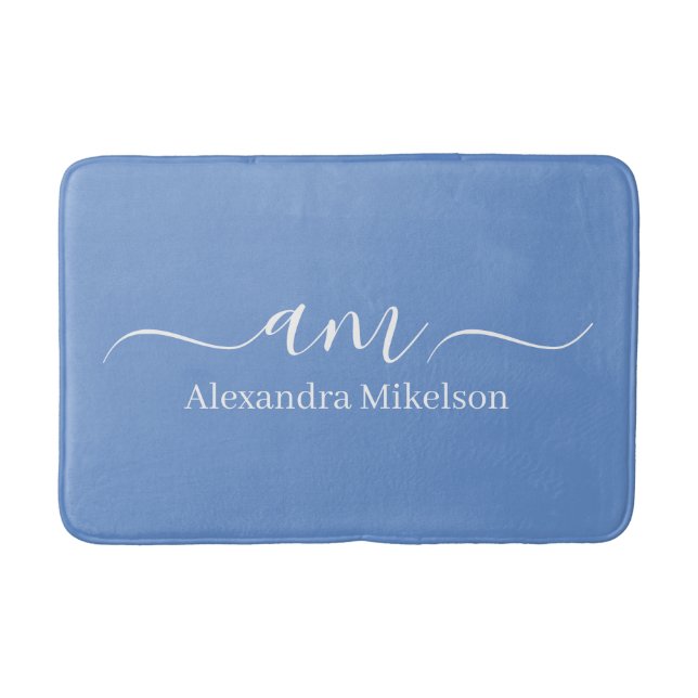 Simple Modern Monogram cornflower blue Minimalist Bath Mat (Front)