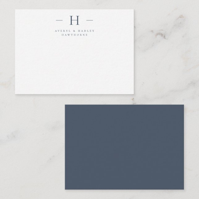 Simple Modern Monogram Couple Initial Navy Blue Note Card (Front/Back)