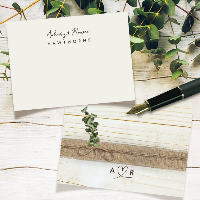 Simple Modern Monogram Couple Rustic Eucalyptus  Note Card (Creator Uploaded)