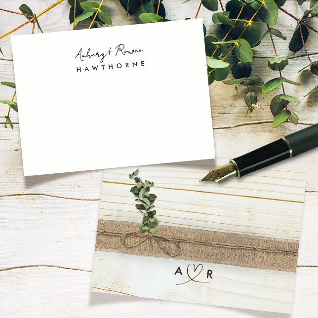 Simple Modern Monogram Couple Rustic Eucalyptus  Note Card (Creator Uploaded)
