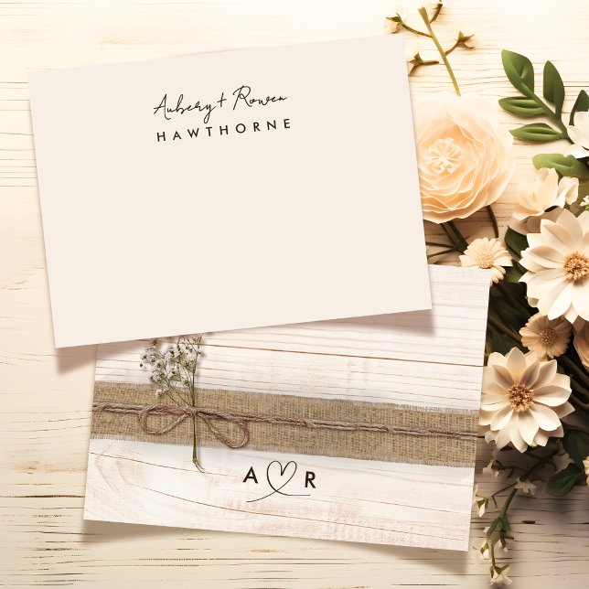 Simple Modern Monogram Couple Rustic Wedding Note Card (Creator Uploaded)