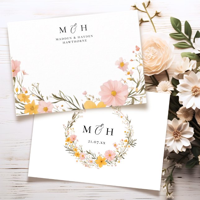 Simple Modern Monogram Couple Wildflower Wedding Note Card (Creator Uploaded)