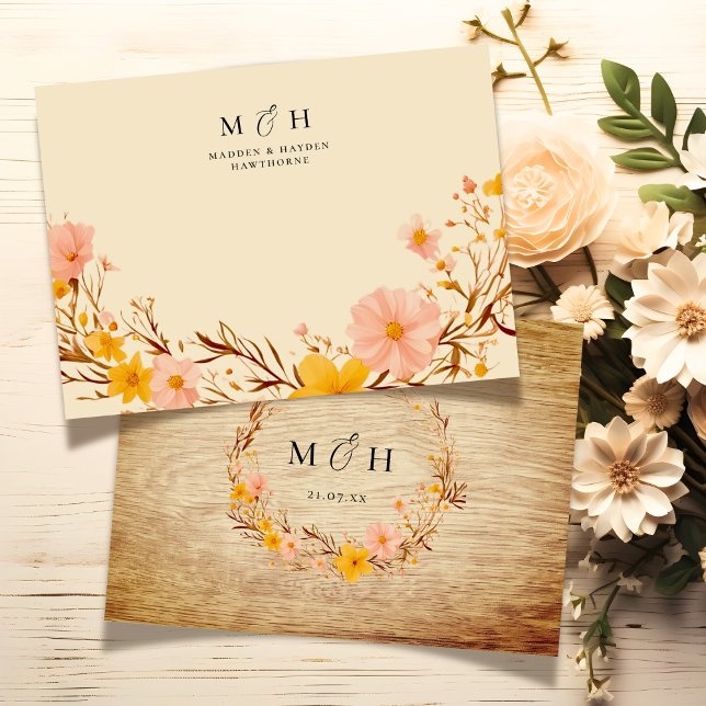 Simple Modern Monogram Couple Wildflower Wood Look Note Card (Creator Uploaded)