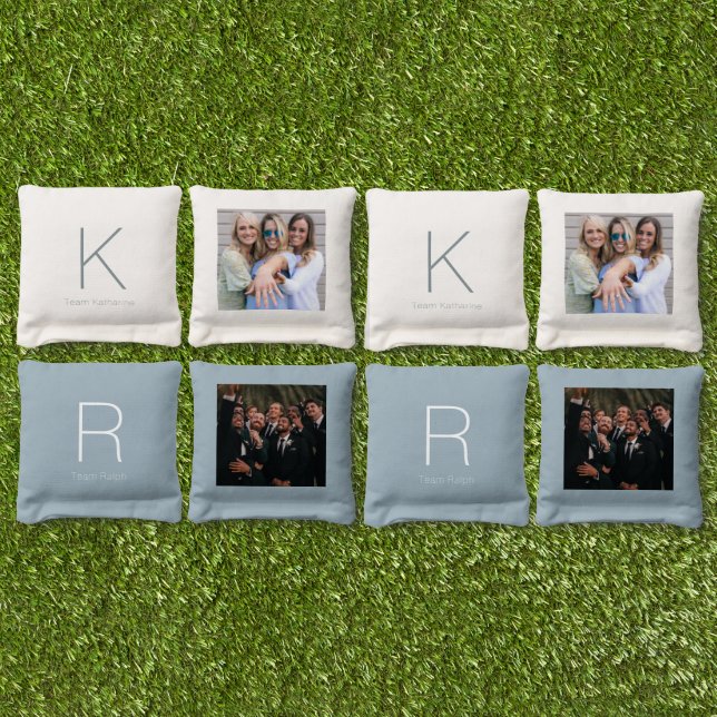 Simple & Modern Monogram Dusty Blue & White  Cornhole Bags (Set)