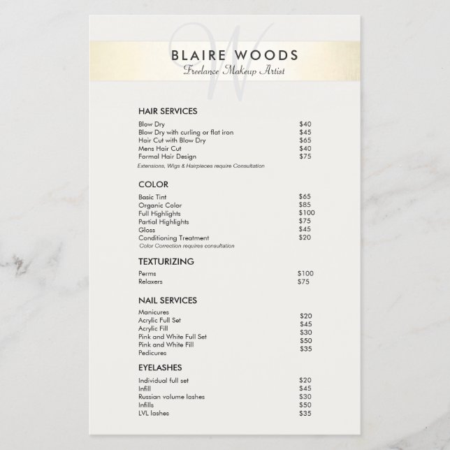 Simple Modern Monogram Gold Price List Menu Flyer (Front)