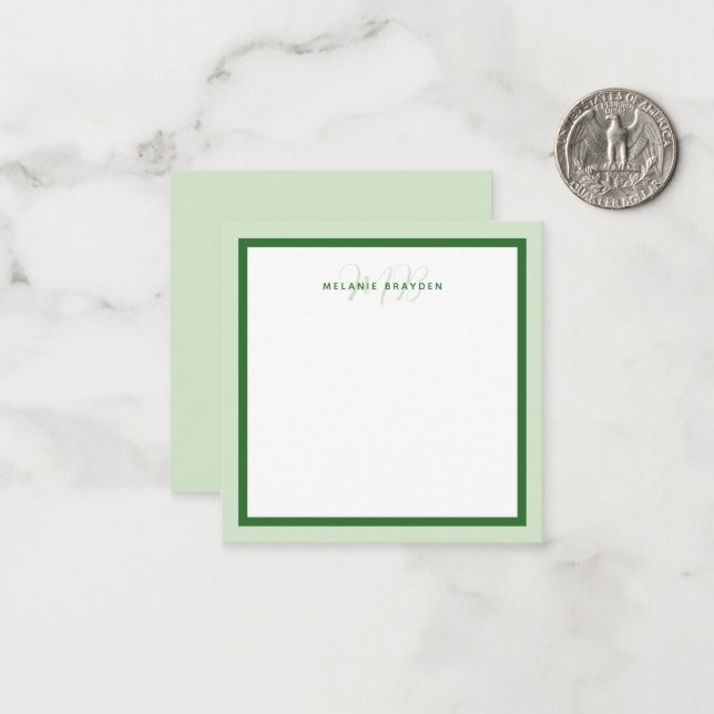 Simple Modern Monogram Green Two Tone Border Note Card (Front/Back In Situ)