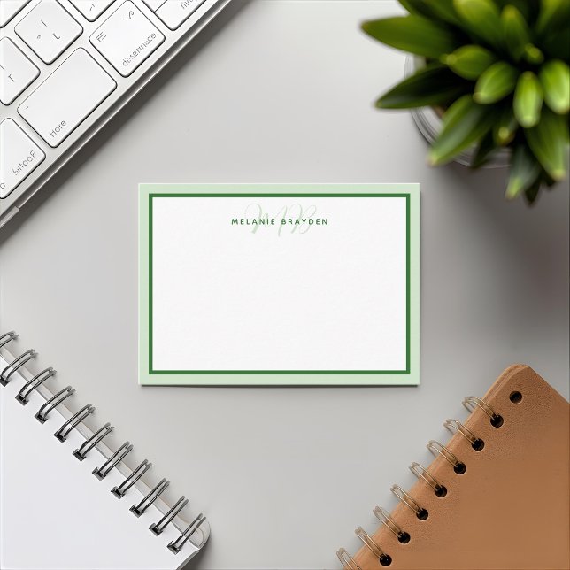 Simple Modern Monogram Green Two Tone Border  Note Card (Creator Uploaded)