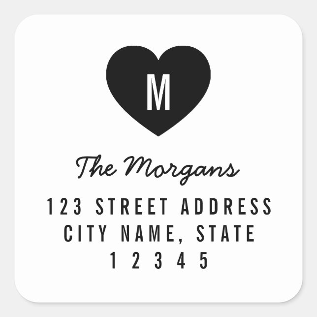 Simple Modern Monogram Heart Family Home Address Square Sticker (Front)