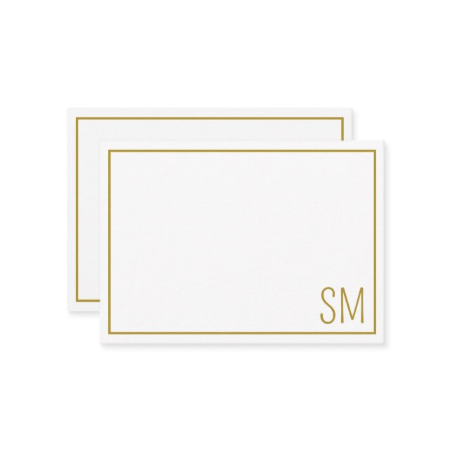 Simple Modern Monogram Initials Gold Border Note Card (Front/Back In Situ)