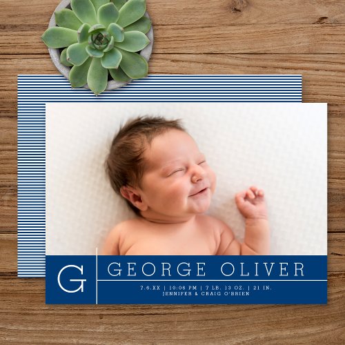 Simple Modern Monogram Navy Blue Photo Birth Announcement