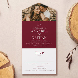 Simple Modern Monogram & Photo Cranberry Wedding All In One Invitation