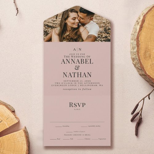 Simple Modern Monogram  Photo Dusty Rose Wedding  All In One Invitation