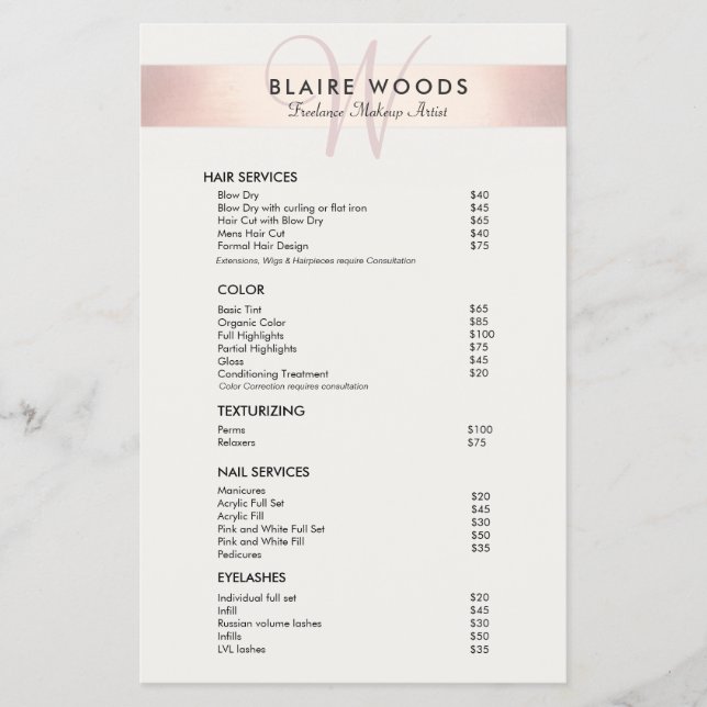 Simple Modern Monogram Rose Gold Price List Menu Flyer (Front)