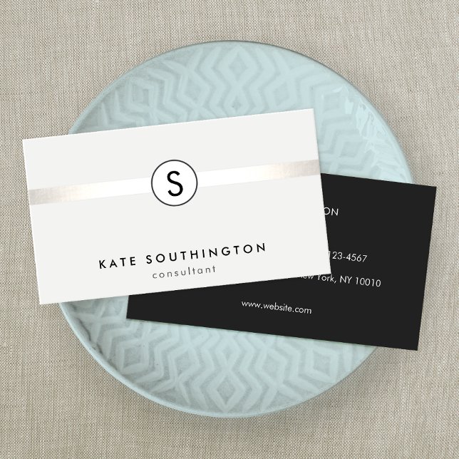 Simple Modern Monogram Silver Striped White Business Card (Creator Uploaded)