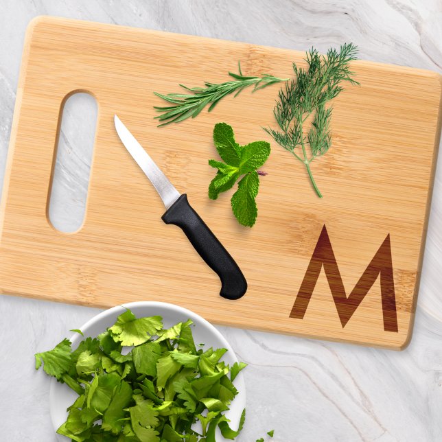 Simple Modern Monogrammed Stylish Initial Custom Engraved Cutting Board (A stylish bamboo cutting board, to personalize with an initial as an elegant monogram in one corner)