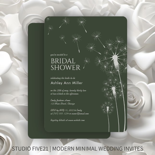 Simple Modern Moss Green Dandelion Bridal Shower Invitation (Creator Uploaded)