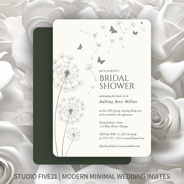 Simple Modern Moss Green Dandelion Bridal Shower Invitation (Creator Uploaded)