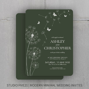 Simple Modern Moss Green Dandelion Wedding Invitation