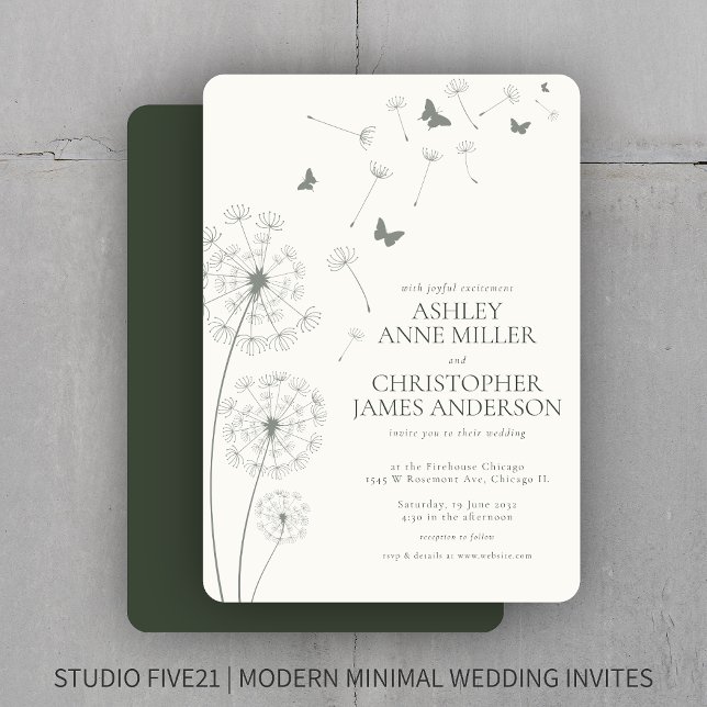 Simple Modern Moss Green Dandelion Wedding Invitation (Creator Uploaded)