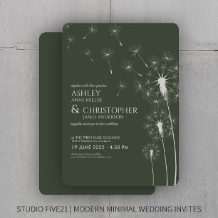 Simple Modern Moss Green Dandelion Wedding Invitation