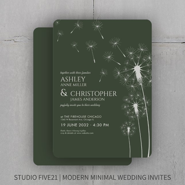 Simple Modern Moss Green Dandelion Wedding Invitation (Creator Uploaded)