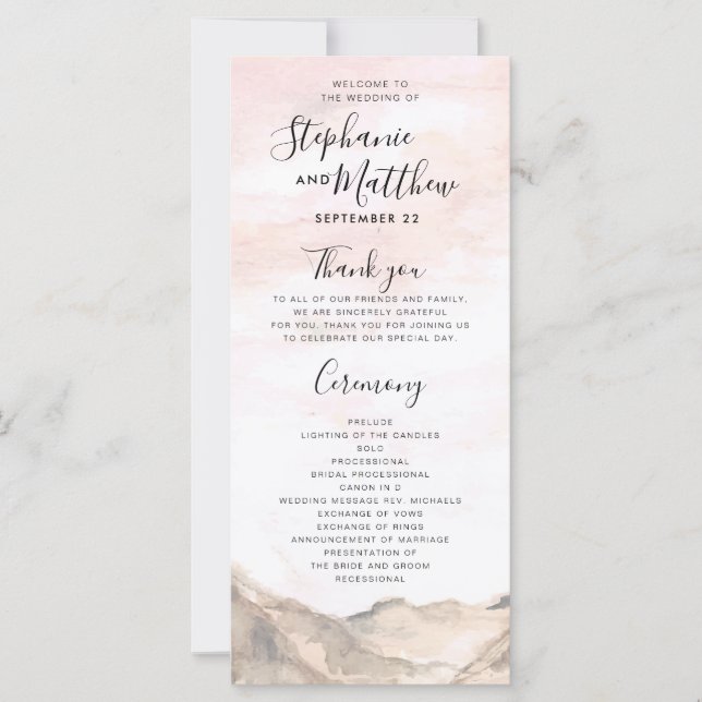 Simple Modern Mountain Watercolor Wedding Program (Front)
