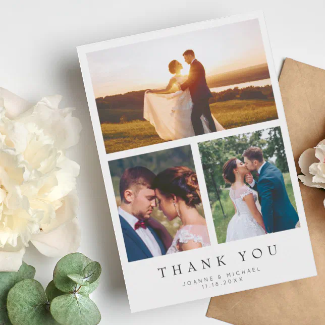 Simple Modern Multi Photo Wedding Thank You Card | Zazzle