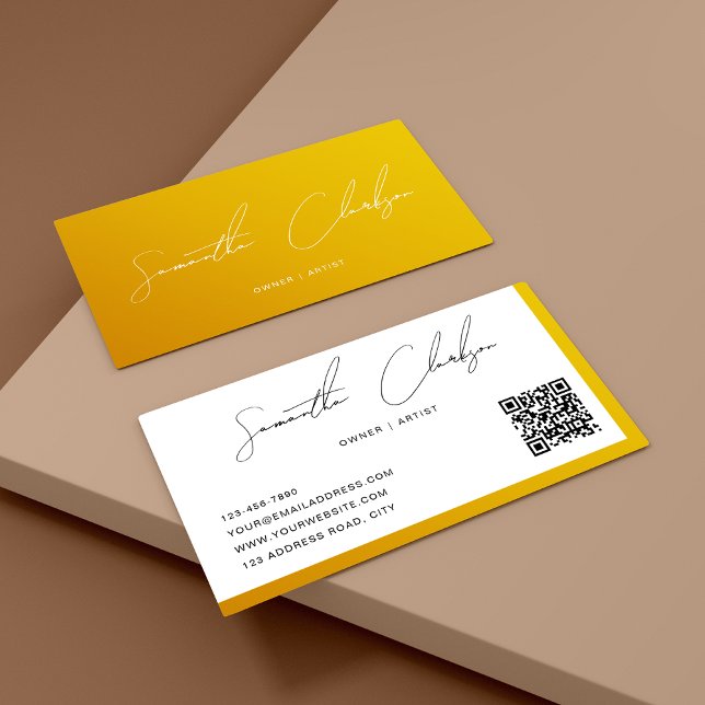 Simple Modern Mustard Handwritten Script QR code Business Card (Creator Uploaded)